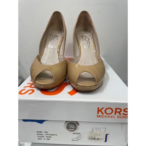 Michael Kors Shoes - Michael Kors Vail Nude Patent Leather Peep Toe Wedge Pumps Heels 6.5M 41R1VAHP1A